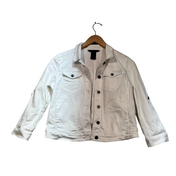 Calvin Klein Jeans Womens denim Jacket Medium White Button Front Embroidered - Picture 1 of 12